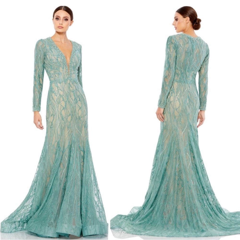 Mac Duggal Long Sleeve Sheer Laced Long Dress Gown Nwt 79291 Size 16